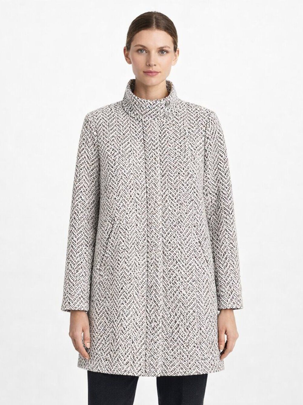 LOFT Gray Herringbone Funnel Neck Swing Coat Size Medium